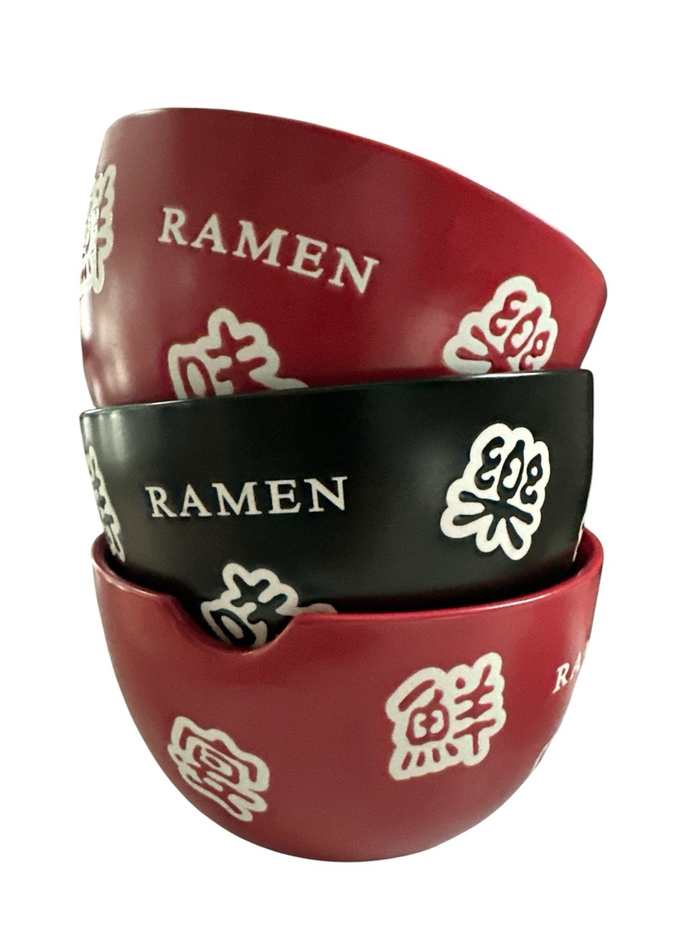 Ceramic Ramen Bowls Bundle of 3 measures 6 x 4 inches red black